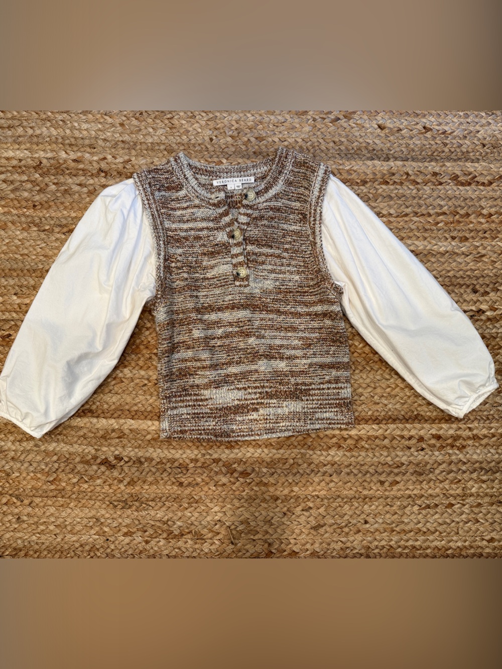 Veronica Beard Two-Tone Knit Sweater Top with Puff Sleeves - Brown/White